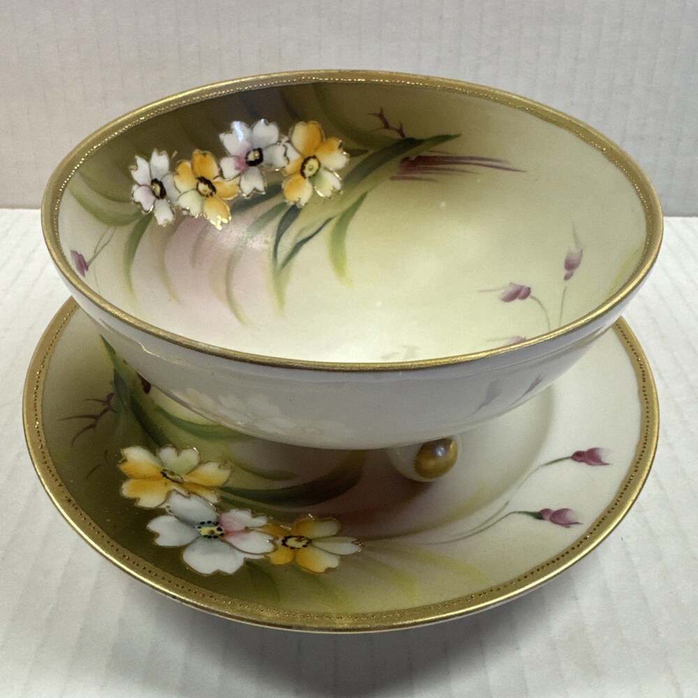 Antique Hand Painted Nippon Porcelain Pedestal Bowl & Underplate floral Gold Tri